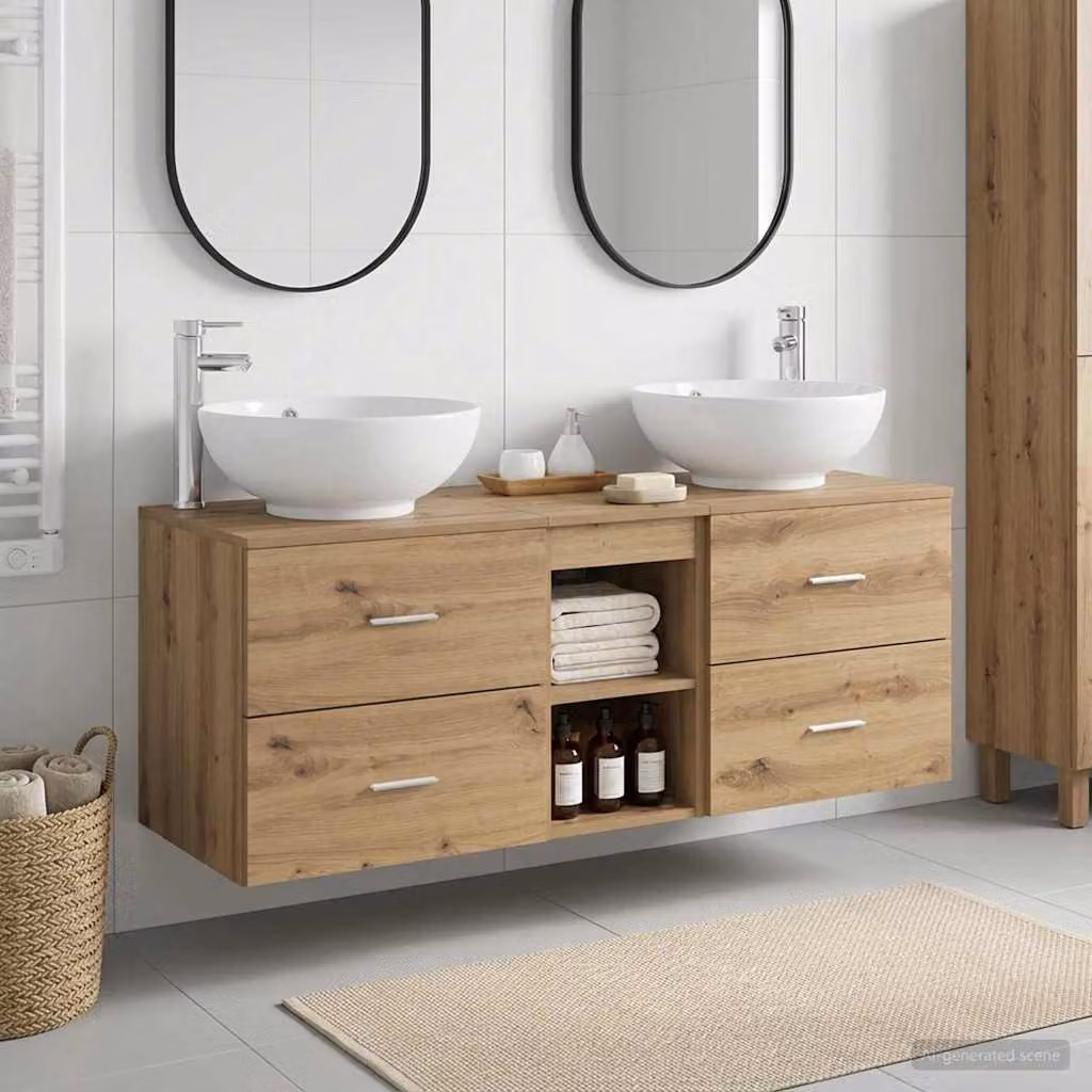 Set di mobili da bagno moderno vidaXL in legno rovere marrone composto da 3 pezzi con base lavabo e pensili a muro