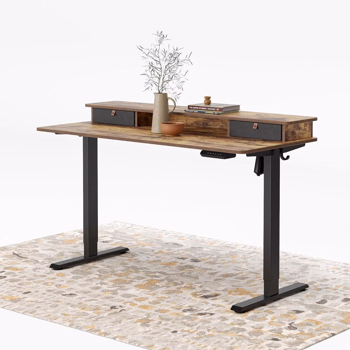 Tavolo da lavoro regolabile in altezza, elettrico, dimensioni 140x60 cm, con doppio cassetto, colore nero/marrone rustico