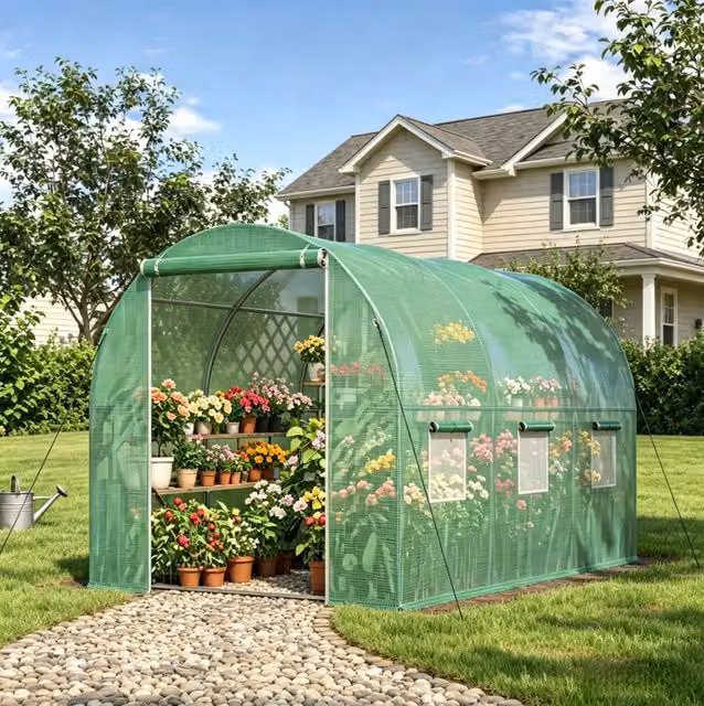 Serra da Giardino con Telaio in Metallo Zincato e Copertura in Polietilene 140 g/m², 2,98x1,96x1,98 m, Porta a Rullo con Cerniera, Verde