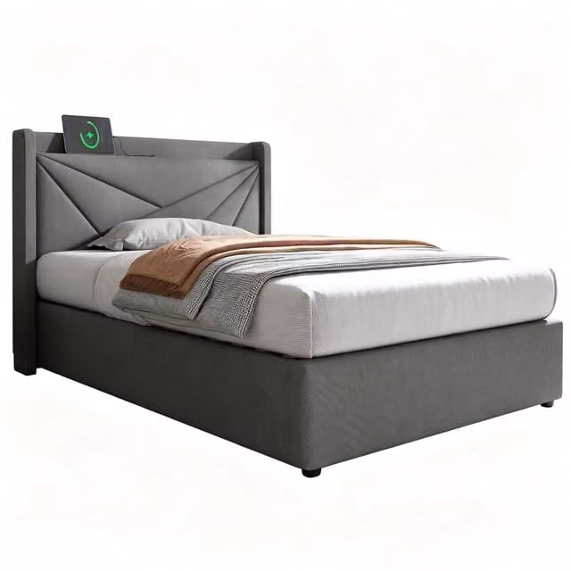 Letto singolo 90x200 contenitore con ricarica USB e USB-C; testiera imbottita in lino grigio