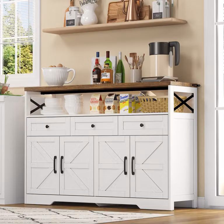 okwish Mobile da cucina, Cassettiera, Mobile bar con 3 cassetti, Consolle con ante in stile country, Isola da cucina con ripiani, bianco + marrone