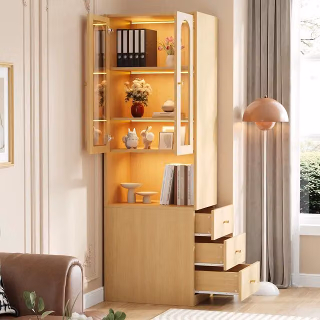 Libreria stretta alta in MDF effetto rovere con vetrina in vetro temperato e LED; 60 x 40 x 200 cm