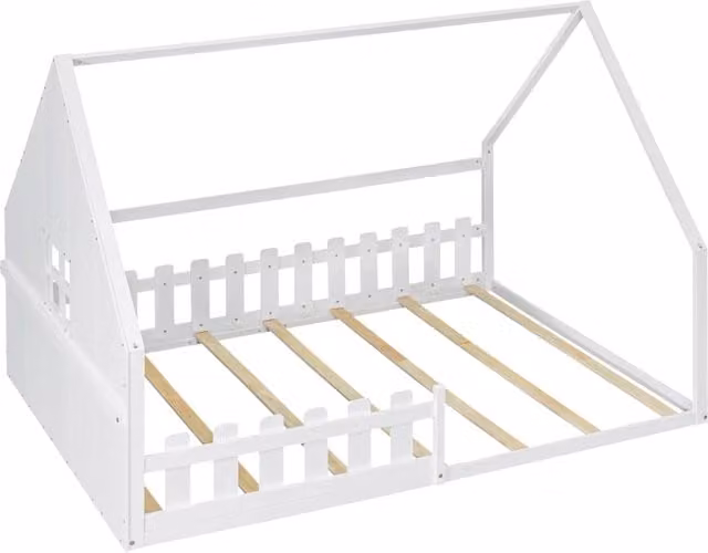 Letto per bambini 140x200 cm in legno di pino bianco con design a casetta e protezioni