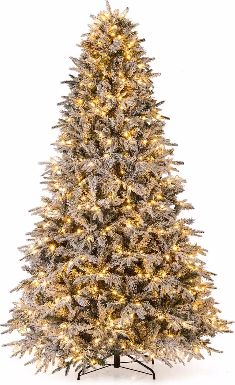 COSTWAY 240cm albero di Natale artificiale con neve, LED bianchi caldi e supporto in metallo, abete, albero di Natale, albero di Natale artificiale