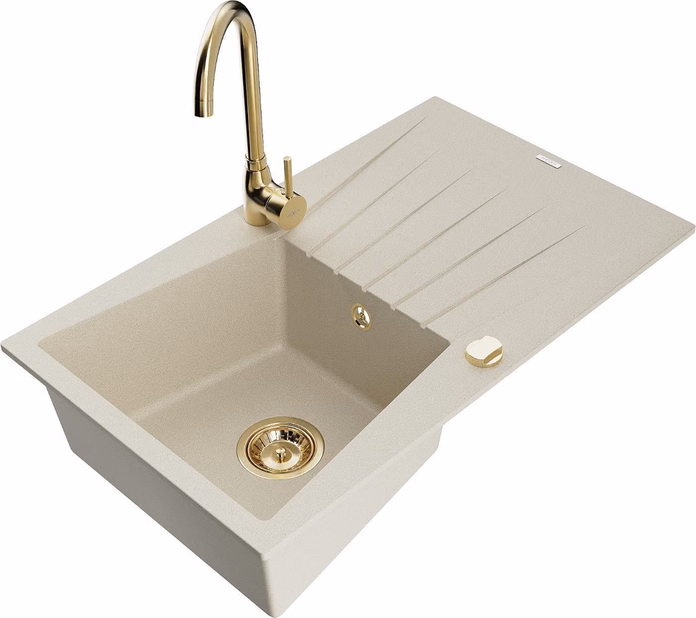 Mexen Cesar lavello da cucina in granito a 1 vasca con scolapiatti e rubinetto Telma, beige - 6514-69-670200-50