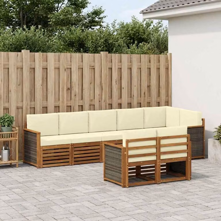 Set di divani da esterno vidaXL 7 pz in legno di acacia con cuscini beige e bianchi a forma di L
