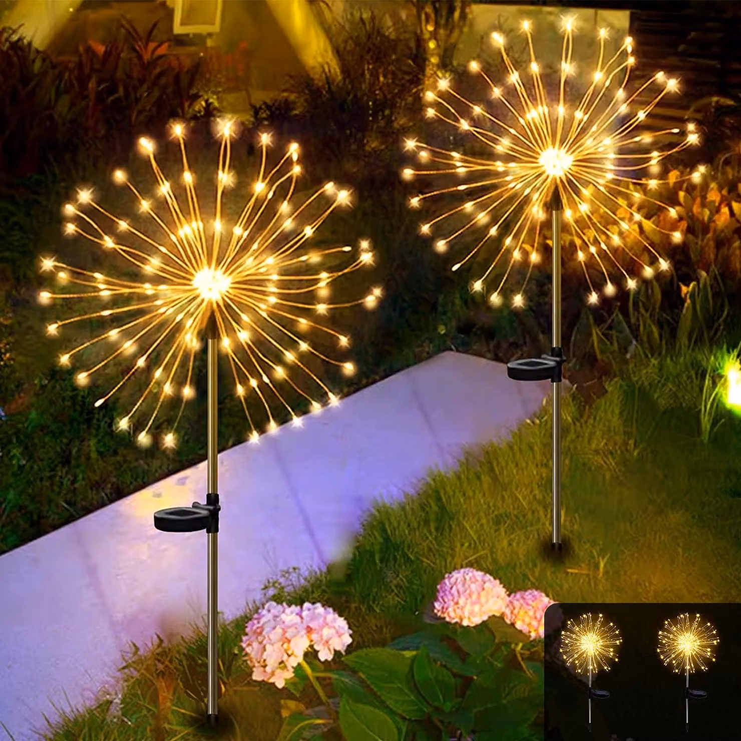 Set di 2 luci decorative solari, con 300 LED, 8 modalità, impermeabili, luce bianco caldo