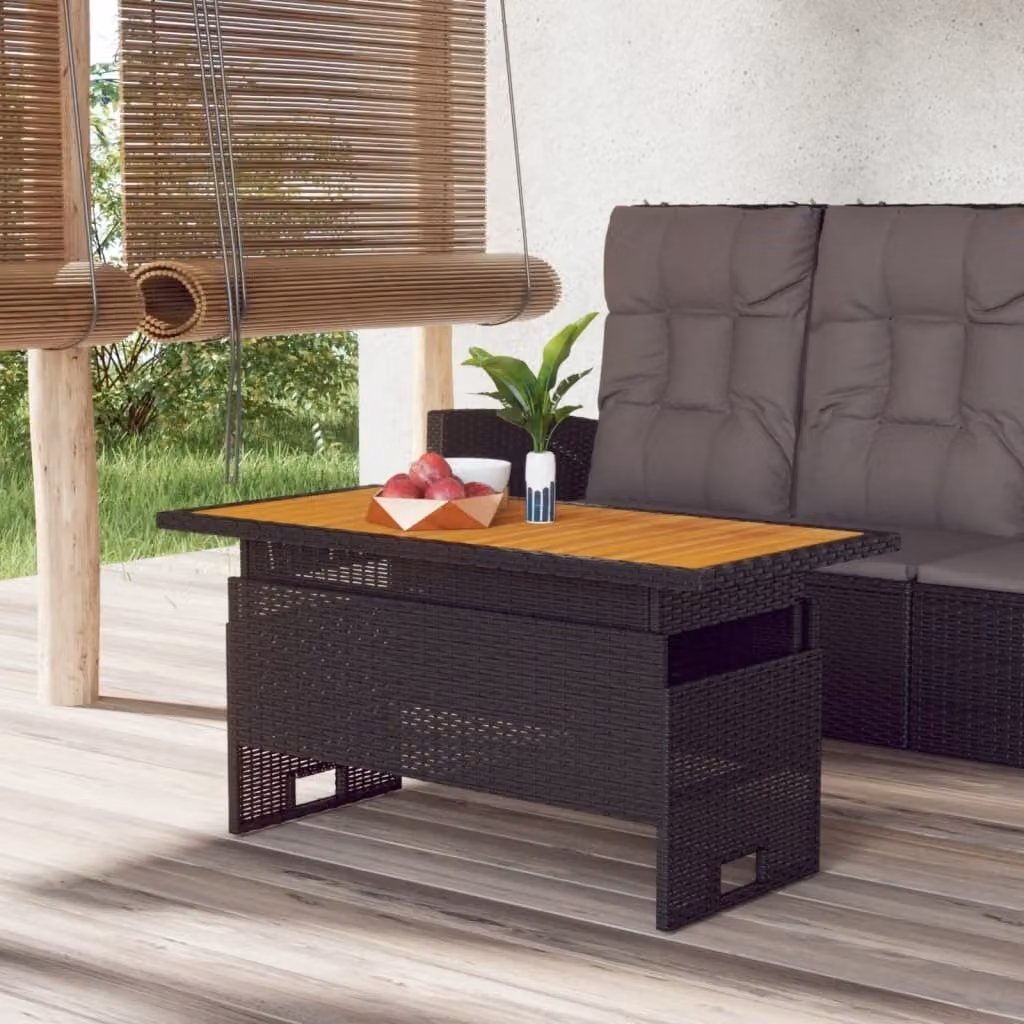 The Living Store tavolo da giardino nero 100x50x43/63 cm in legno di acacia e poly rattan