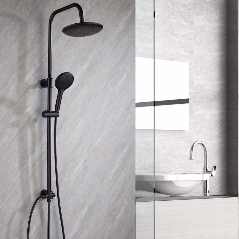 Sistema doccia senza miscelatore, colore nero opaco, diametro 23 cm, doccia a pioggia, altezza regolabile da 79 a 128 cm, 3 tipi di getto