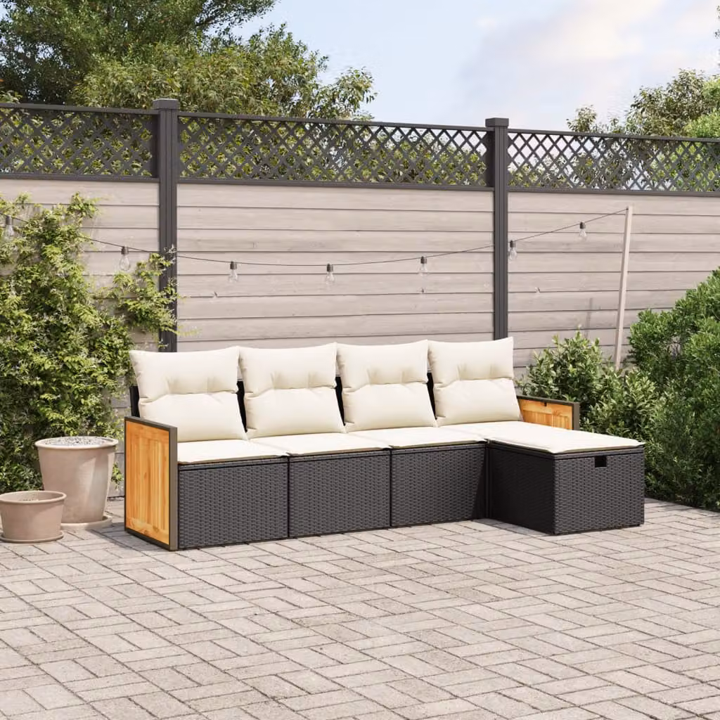 Set di Divani da Giardino L-Shape vidaXL 5 Pezzi con Cuscini in Polyrattan e Struttura in Acciaio Nero e Bianco – 1