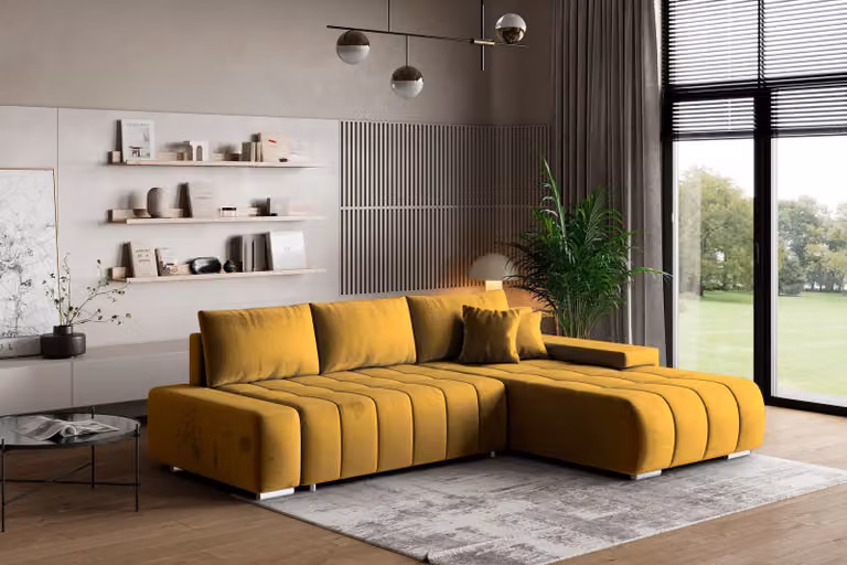 Divano angolare Masseno ALESE R-S con funzione letto a L, divano con box letto, divano da soggiorno, divano, divano letto, set di divani - giallo, MONOLITH 48