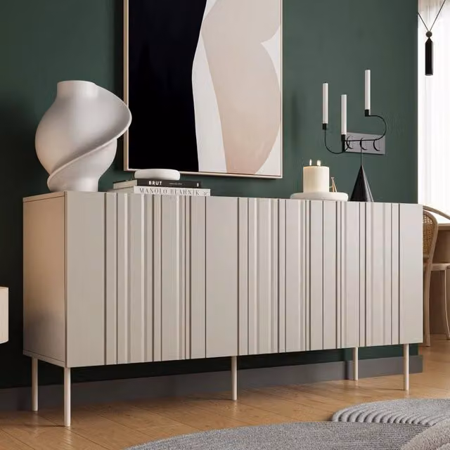 Madia da salotto DMORA Spirano, mobile moderno con design geometrico e finitura opaca, Beige, L: 151 cm, P: 42 cm, H: 75 cm