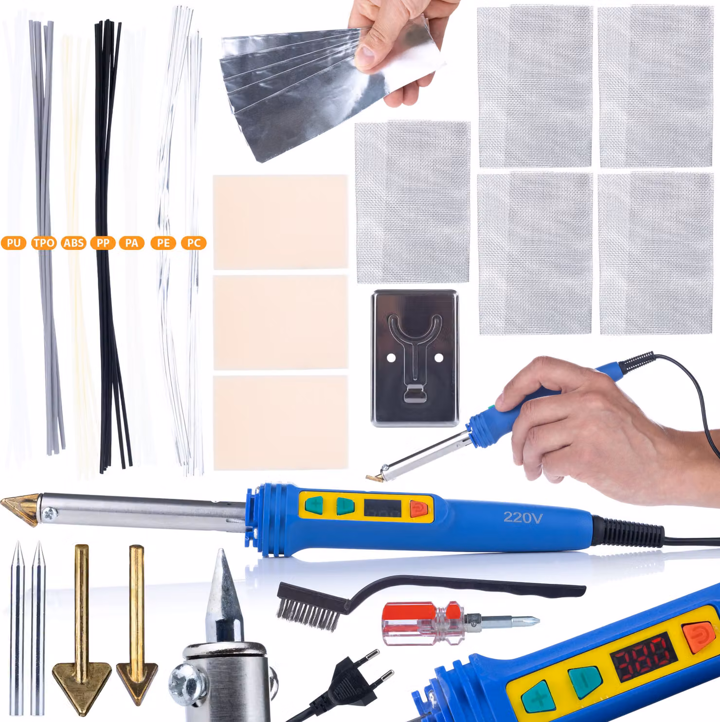 Rosfix Blue Kong 120W RBK120W Saldatore per Plastica + Kit per Plastica (PU, TPO, PC, PP, PE, ABS, PA), 5 Griglie, Cacciavite, Punte, Supporto