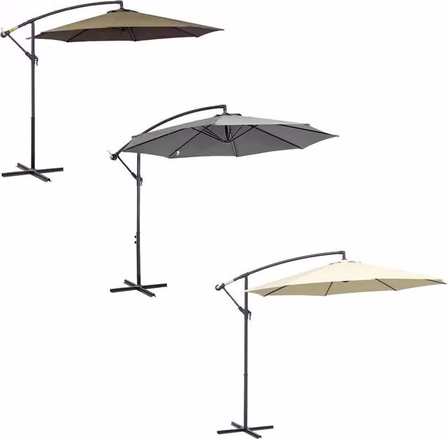 Ombrellone decentrato inclinabile Trade Shop Traesio con base a croce e manovella, diametro 3 mt, in poliestere e acciaio, disponibile nei colori beige o grigio