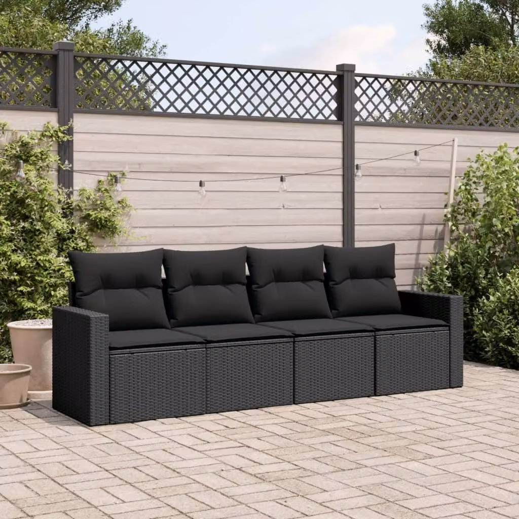 Set di divani da giardino vidaXL 4 pezzi con cuscini nero in rattan e acciaio – 1
