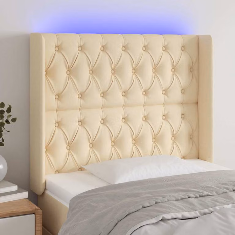 Testiera per letto con illuminazione LED e porta USB vidaXL in tessuto beige, L 93 cm, P 16 cm, H 118-128 cm