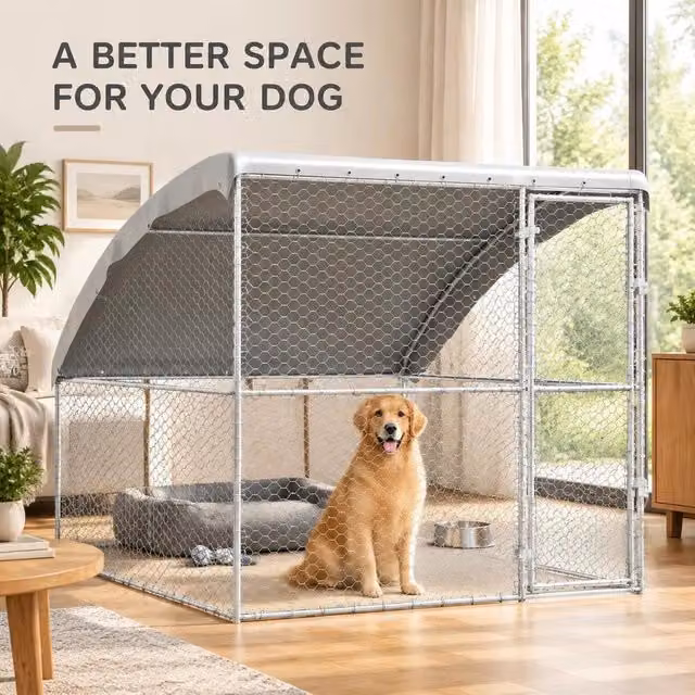 Box Per Cani 2x2x2 M Per Giardino Cortile Allevamento, Acciaio Zincato Recinto Esterno Struttura Metallica Ammortizzata Metallo Zincato Argento