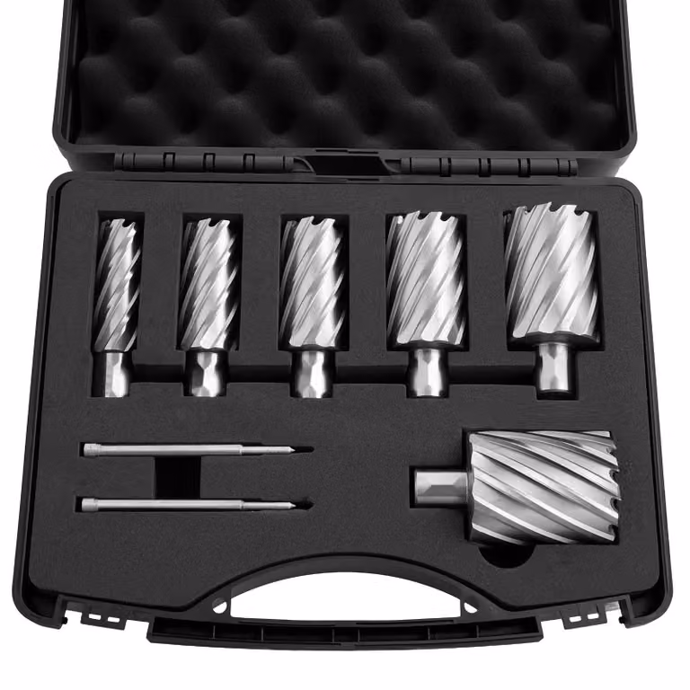 Set di punte per foratura profonda - Acciaio HSS, attacco Weldon - 8 pezzi - Diametro 22,22–50,8 mm - Profondità di taglio 50,8 mm - Adatto per trapani magnetici - Con custodia - Per alluminio
