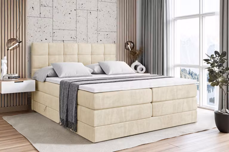 Letto boxspring ALTDECOR con materasso e rete a doghe - APO KING - 180x200 cm - Beige Monolith 04 - Topper, letto imbottito con contenitore, letto con contenitore H3 e H4 - Materasso, letto matrimoniale, letto boxspring