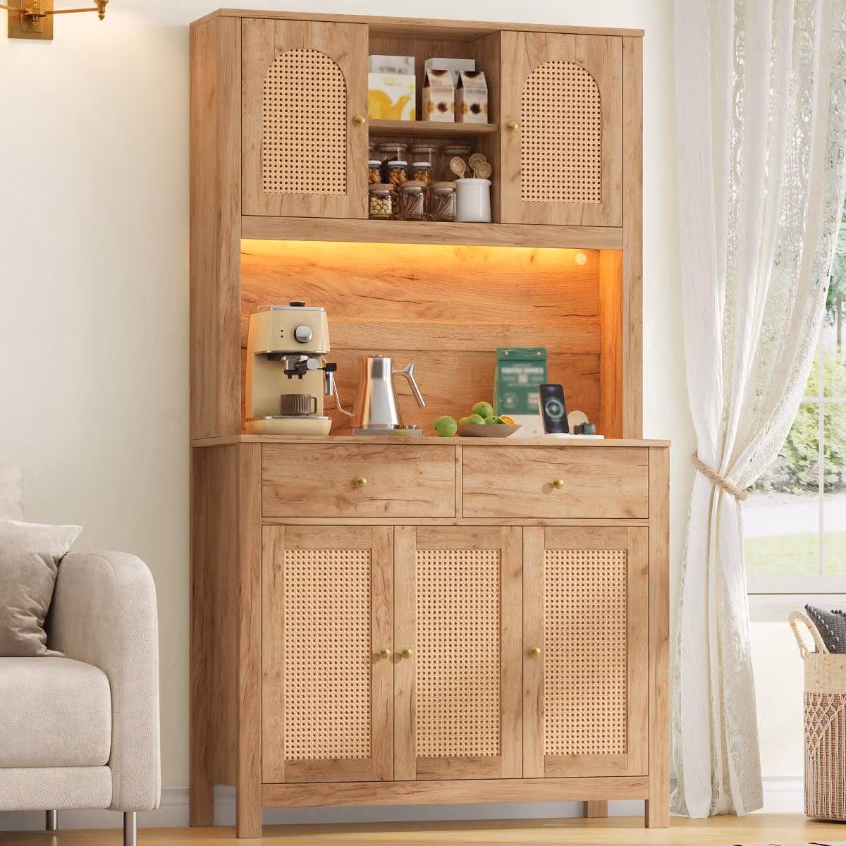 Armadio da cucina con illuminazione a LED e prese elettriche, dispensa con 5 ante in rattan e 2 cassetti, dimensioni 100x40x180 cm