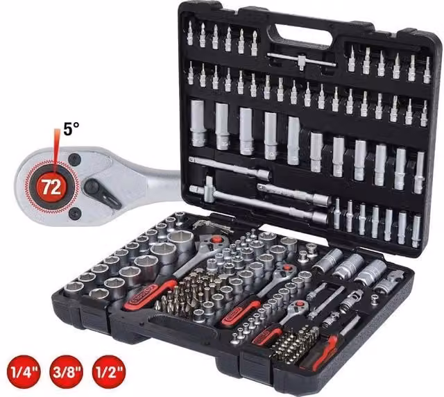 Set di chiavi a bussola KS Tools in acciaio al cromo vanadio con cricchetto reversibile a 72 denti e valigetta robusta, colore nero – 1