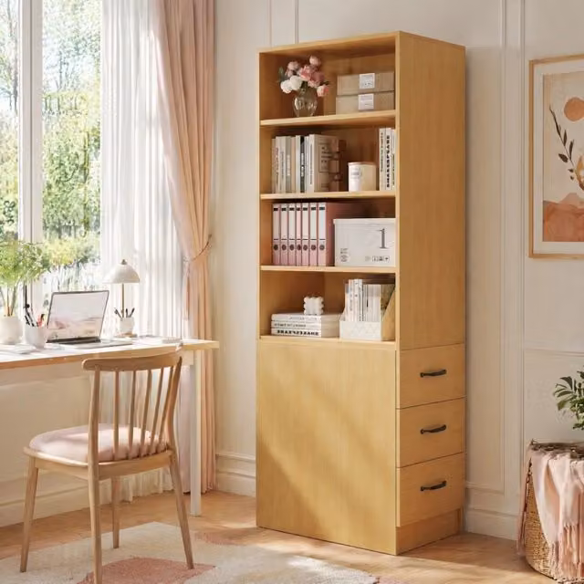 Libreria stretta in rovere 60x38x180 cm con 3 cassetti