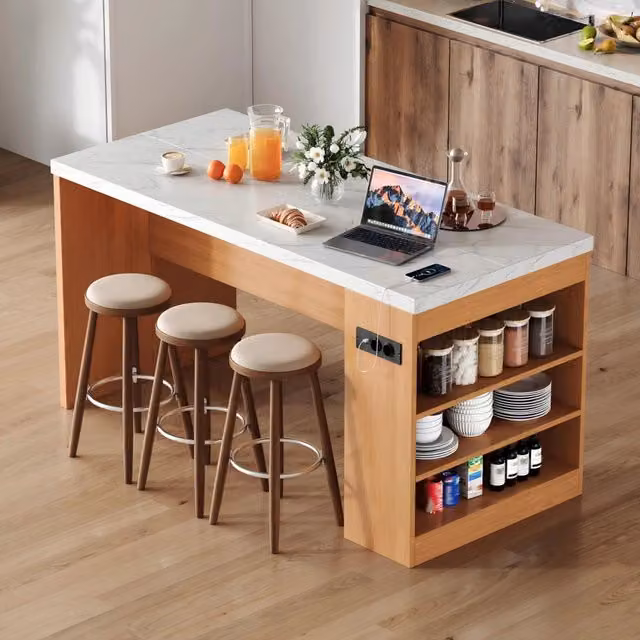 Isola da Cucina ¨C Minimal ¨C Bianco Effetto Marmo 155x80x90cm con LED e Prese USB
