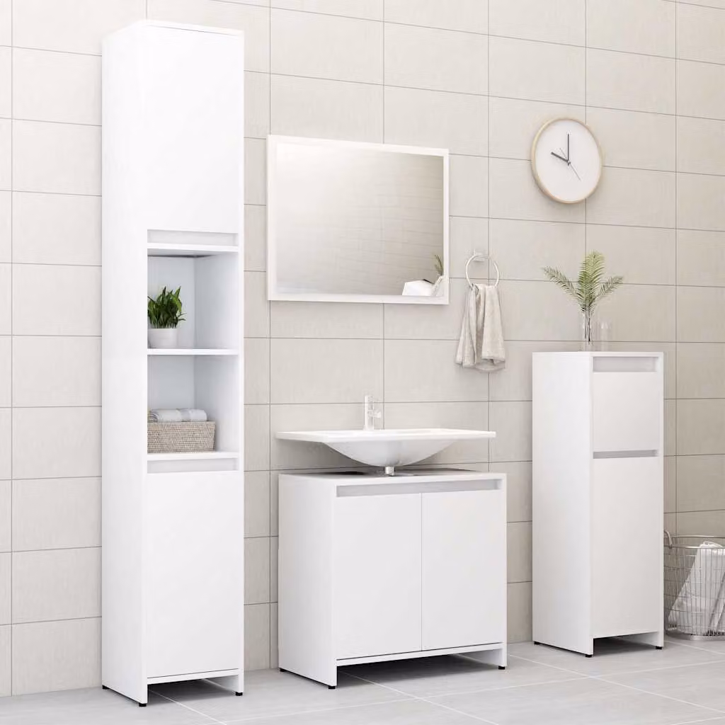 Set di mobili da bagno vidaXL composto da 4 pezzi in MDF bianco opaco con armadio alto, pensile e mobile lavabo