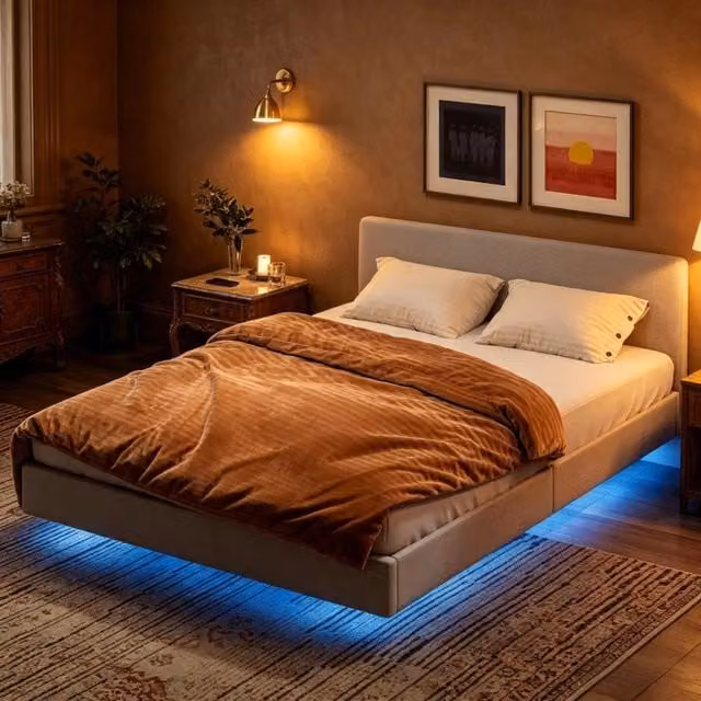 Letto matrimoniale 140 × 190 cm con LED RGB, app e telecomando, rivestimento beige in lino
