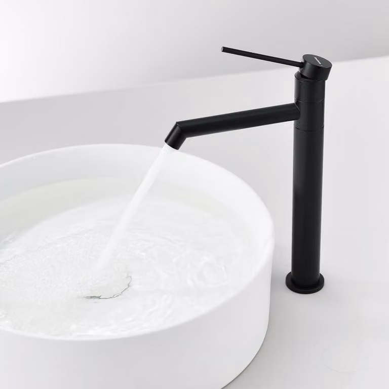 Miscelatore per lavabo da bagno, monocomando, finitura opaca nera, rotazione a 360°, bocca di erogazione da 222 mm