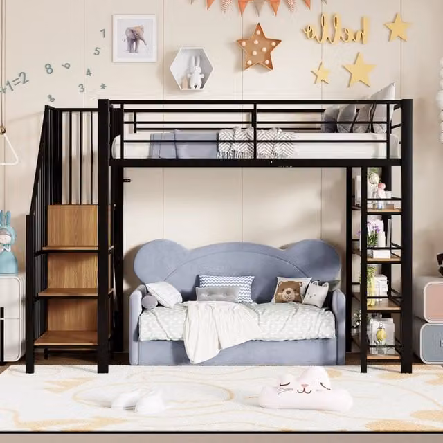 Letto a soppalco 90x200 in metallo nero con scala contenitore; armadietto; scaffali e sponda alta