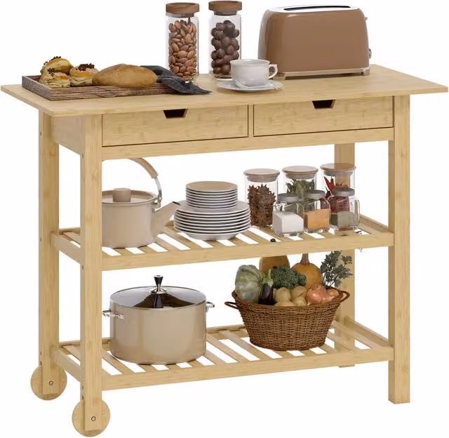 Carrello da servizio HOMCOM in bambù beige con 2 cassetti e 2 ripiani, L 100 x P 43 x H 75 cm