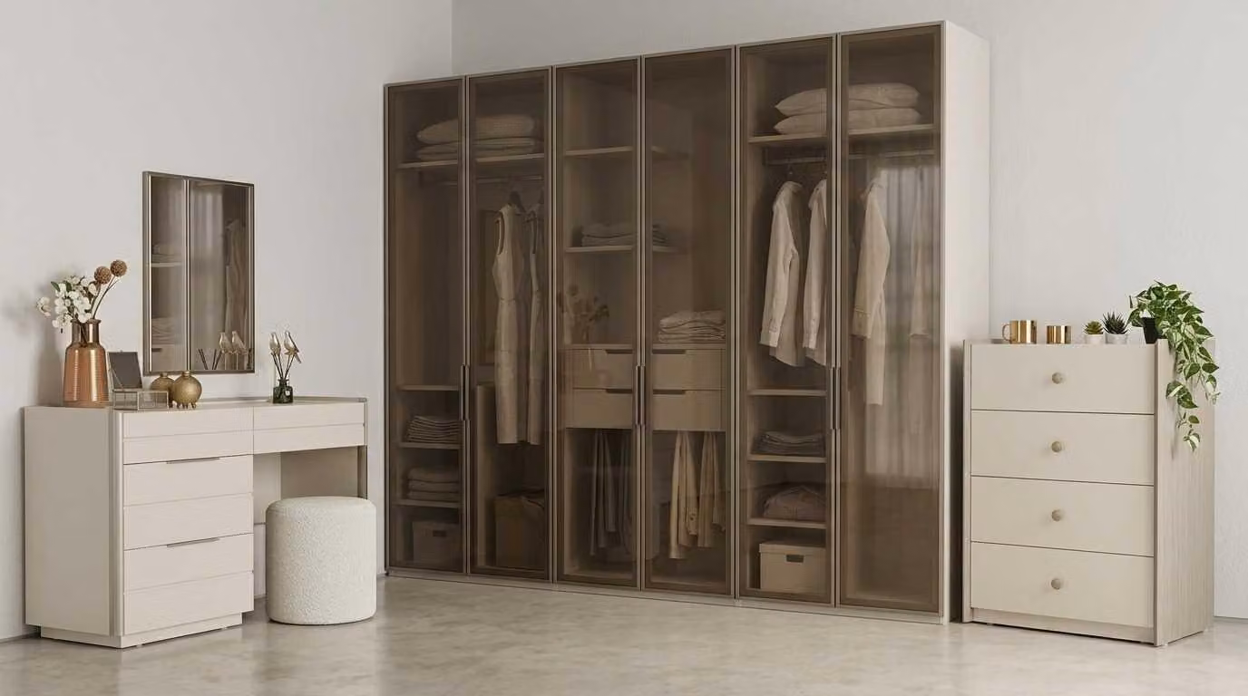 Set per camera da letto beige, moderno, composto da armadio, comò e tavolino da trucco