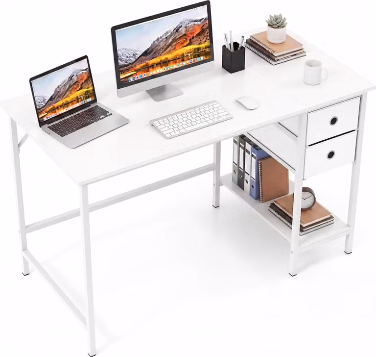 COSTWAY Scrivania con 2 cassetti, scrivania per computer lunga 120 cm con gancio per cuffie e vano portaoggetti, scrivania da ufficio, grande scrivania per PC, tavolo da lavoro, bianco
