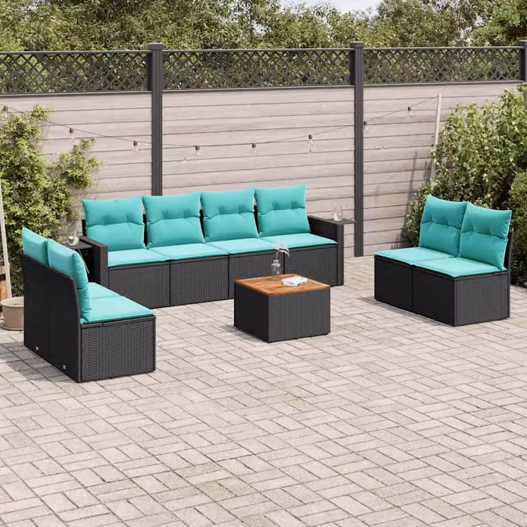 Set di divani da giardino vidaXL in polyrattan nero con cuscini, composto da 9 pezzi con divani da 2 e 3 posti e tavolino da caffè per esterno