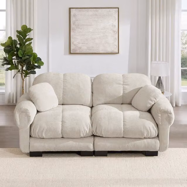 Divano modulare in chenille con cuciture trapuntate 190x86x90 cm; cachi chiaro