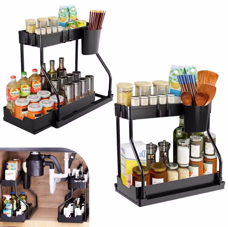 Omgoods - Organizer per cassettiere a 2 scomparti con ganci e cassetti - Nero