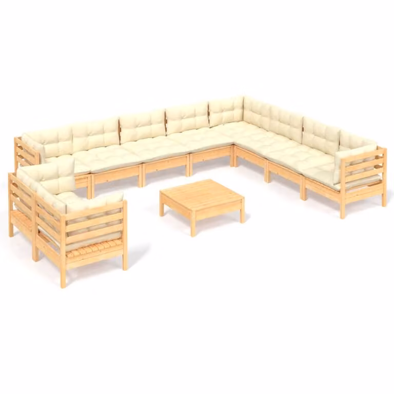Set Divani da Giardino 11 pz con Cuscini Crema in Massello di Pino