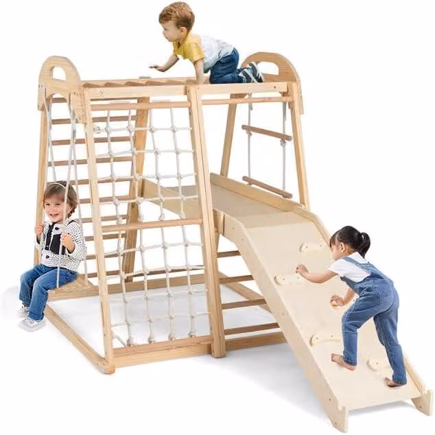 Struttura da gioco indoor, 8 in 1: asta per arrampicata, altalena, rete da arrampicata, scala da arrampicata, corda da arrampicata, parete da arrampicata, scivolo e piattaforma. Area giochi in legno per bambini dai 1 anno in su (materiali naturali)