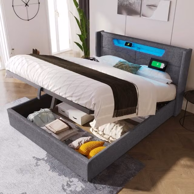 Letto Contenitore REDOM in Lino Grigio con Illuminazione LED e Porte USB Type C L/P/H: 212 x 160 x 107 cm