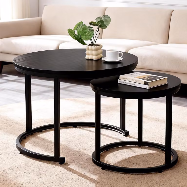 Set di due tavolini rotondi per il soggiorno, struttura in metallo, aspetto legno, colore nero