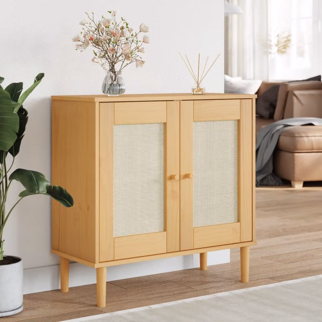 Credenza vidaXL SENJA in legno di pino massello con aspetto rattan, colore marrone, L 80 cm x P 35 cm x H 80 cm