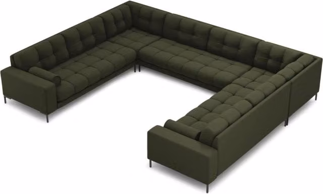 Divano panoramico Bali Cosmopolitan Design a 9 posti in tessuto verde e nero con forma a U e struttura in metallo – 1