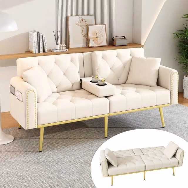 Divano letto MIVRAY a 2 posti in velluto beige e oro con funzione click-clack, poggiatesta regolabile, portabevande e cuscini inclusi L: 175 cm, P: 73,5 cm, H: 80 cm