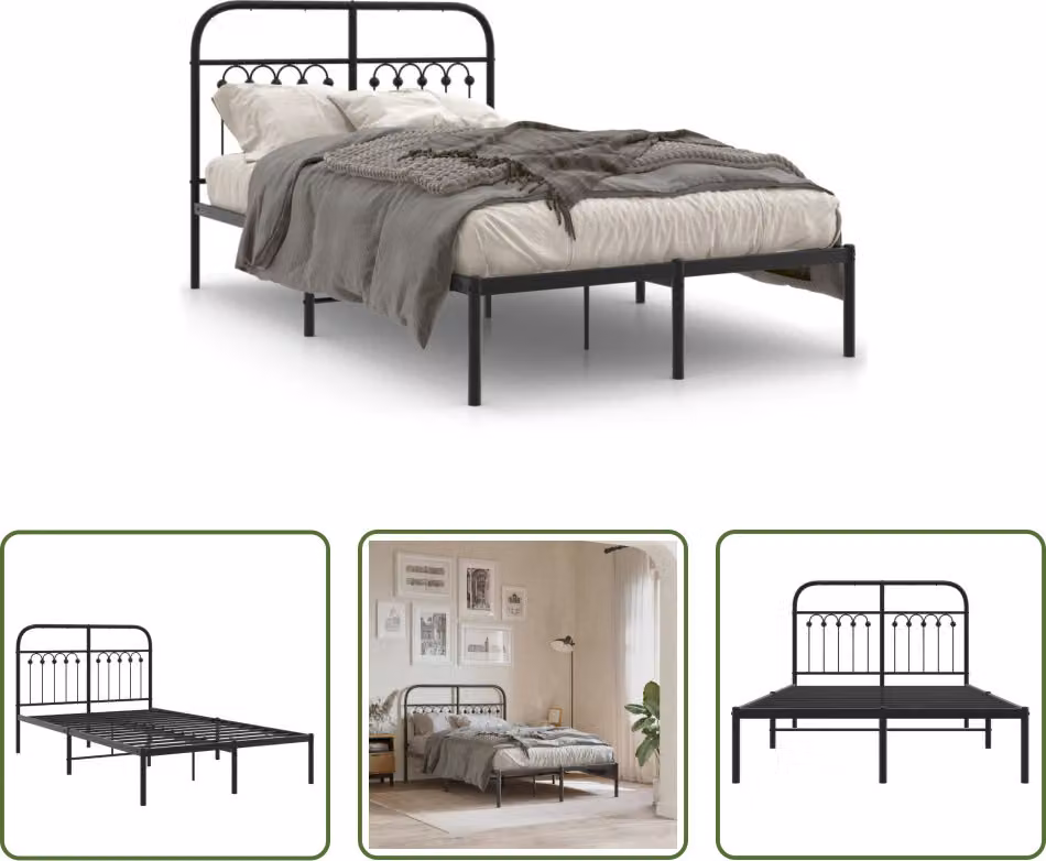 The Living Store Struttura letto con testiera in metallo nero 120x200 cm