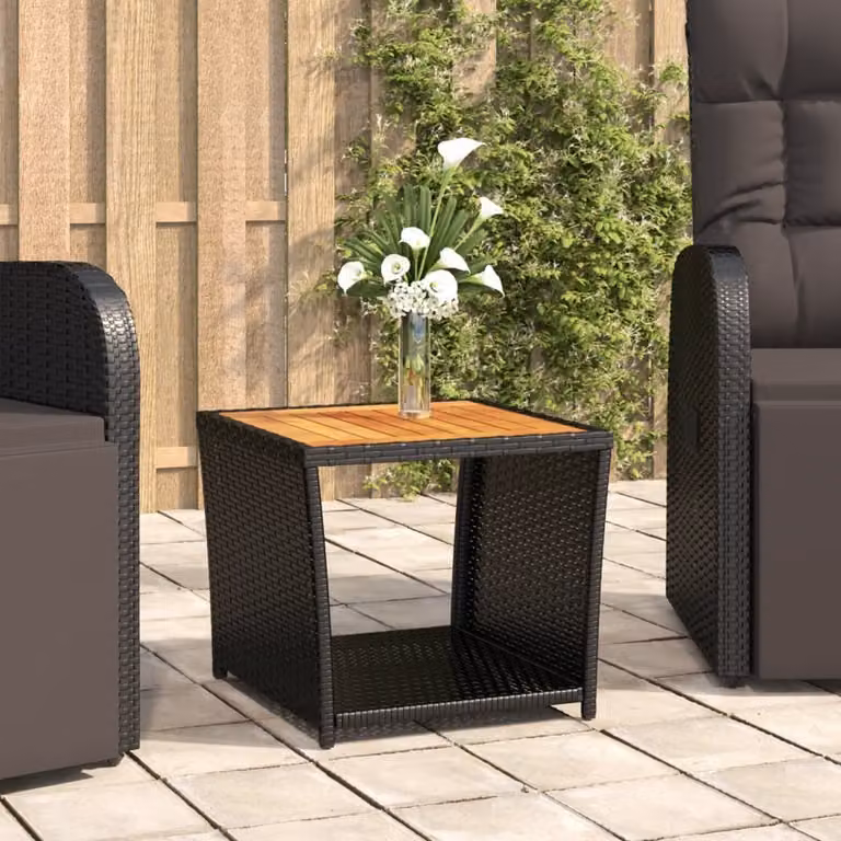 The Living Store Tavolino con piano in legno in poly rattan nero e legno di acacia