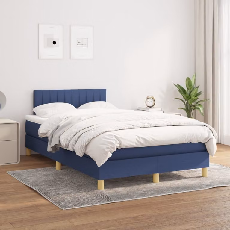 The Living Store Letto a molle con materasso Blu 120x200 cm in tessuto