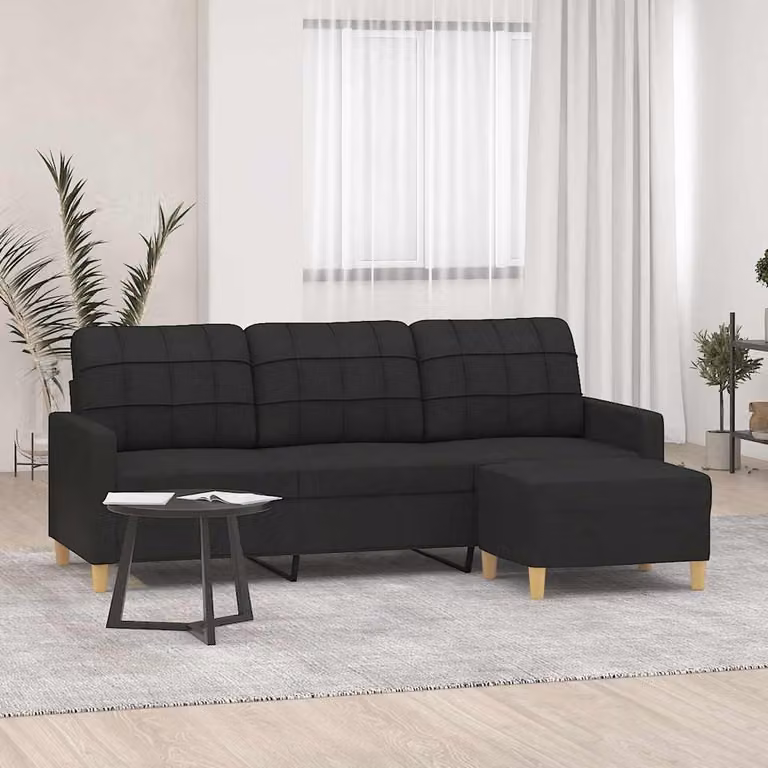 vidaXL Divano a 3 Posti Moderno con Poggiapiedi Nero in Tessuto L: 198 cm, P: 80 cm, H: 77 cm