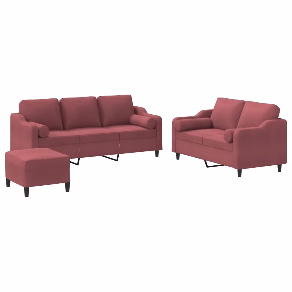 Set di divani moderno vidaXL composto da divano a 3 posti, divano a 2 posti e pouf in tessuto rosso con cuscini inclusi – 2