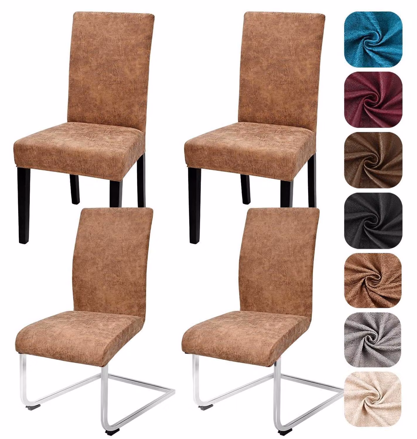 Copri sedili per sedie, set da 4, in ecopelle effetto velluto, elasticizzati, color kaki, adatti a sedie a dondolo e sedie girevoli